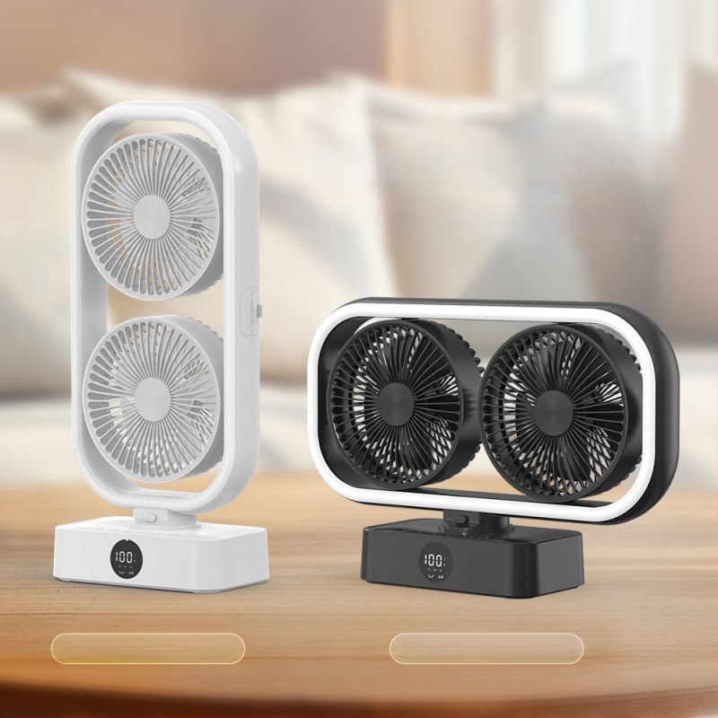 Galda ventilators ar divām galvām un apgaismojumu - USB barošana, 5V, 10W, klusa darbība, attālinātais pults