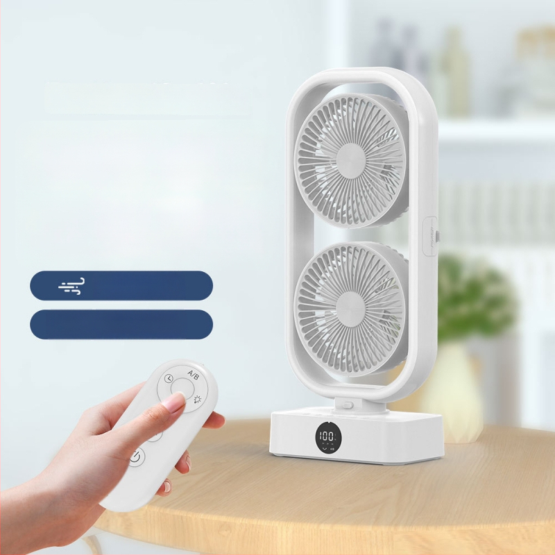 Galda ventilators ar divām galvām un apgaismojumu - USB barošana, 5V, 10W, klusa darbība, attālinātais pults