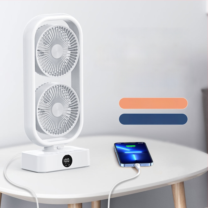 Galda ventilators ar divām galvām un apgaismojumu - USB barošana, 5V, 10W, klusa darbība, attālinātais pults