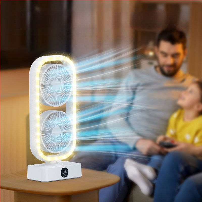 Galda ventilators ar divām galvām un apgaismojumu - USB barošana, 5V, 10W, klusa darbība, attālinātais pults