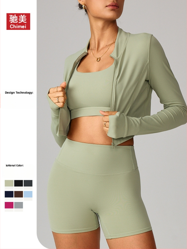 Moteriška lauko bėgimo ir jogos striukė su užtrauktuku, siauras kirpimas, ilgomis rankovėmis, greitai džiūstantis nailono mišinys, stovinčios apykaklės