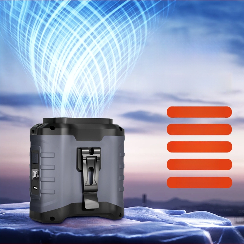 Juosmens ventiliatorius lauko sąlygomis su USB įkrovimu, įdiegta 6000mAh baterija, bešepinis variklis, 5 greičiai, veikia daugiau nei 12 valandų