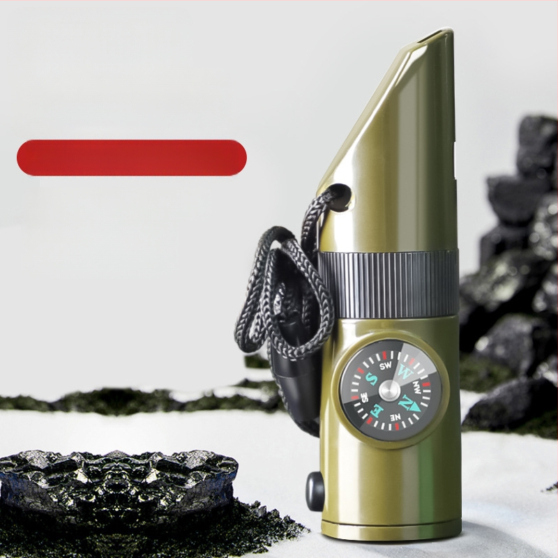 7-ühes väljasurvival komplekt: vile, kompass, lupa, taskulamp, termomeeter