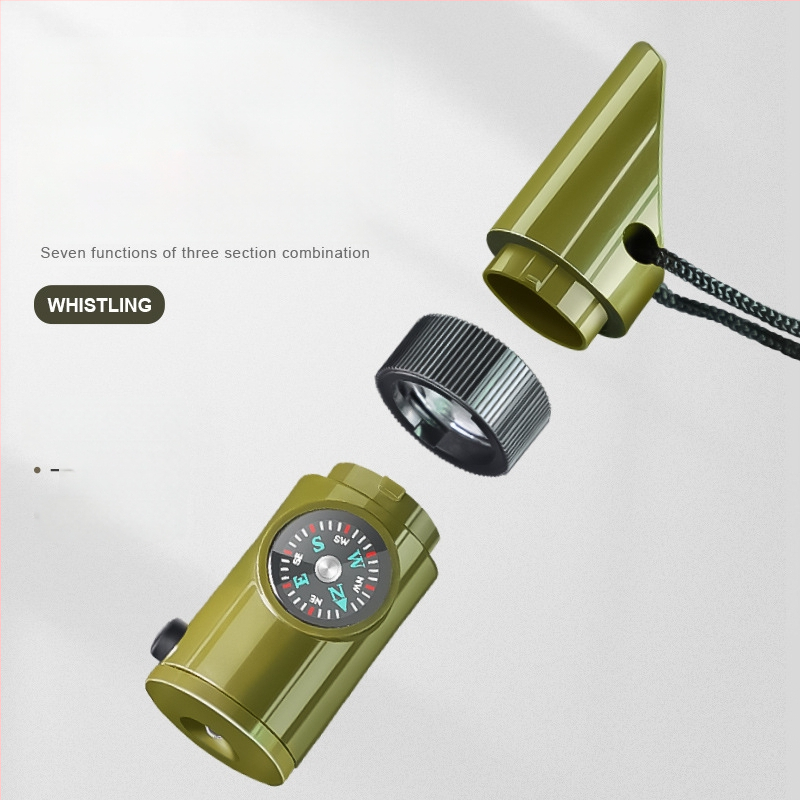 7-ühes väljasurvival komplekt: vile, kompass, lupa, taskulamp, termomeeter