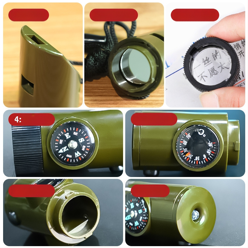 7-ühes väljasurvival komplekt: vile, kompass, lupa, taskulamp, termomeeter