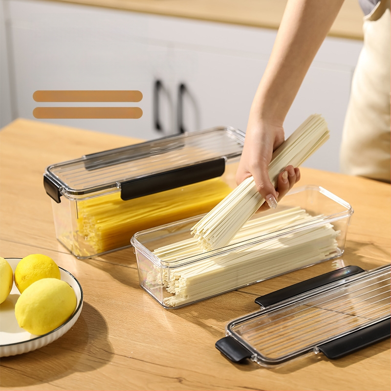 Makaronų laikymo dėžutė, maisto kokybės plastikas, stačiakampio formos, sandari, talpa 1–2 L