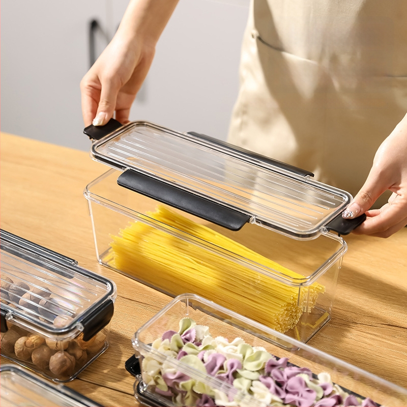 Makaronų laikymo dėžutė, maisto kokybės plastikas, stačiakampio formos, sandari, talpa 1–2 L