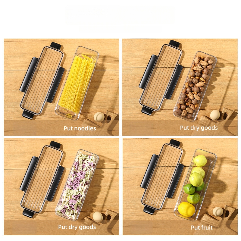 Makaronų laikymo dėžutė, maisto kokybės plastikas, stačiakampio formos, sandari, talpa 1–2 L