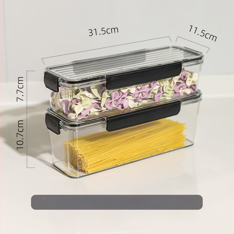 Makaronų laikymo dėžutė, maisto kokybės plastikas, stačiakampio formos, sandari, talpa 1–2 L