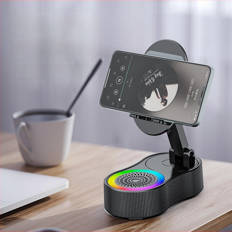 Tālruņa turētājs ar iebūvētu akumulatoru un bezvadu Bluetooth skaļruņu sistēmu — Bluetooth 5.3, akumulatora jauda 1200–2000 mAh, jauda 5W, frekvenču diapazons 100 Hz–20 kHz, darbības attālums 10 m