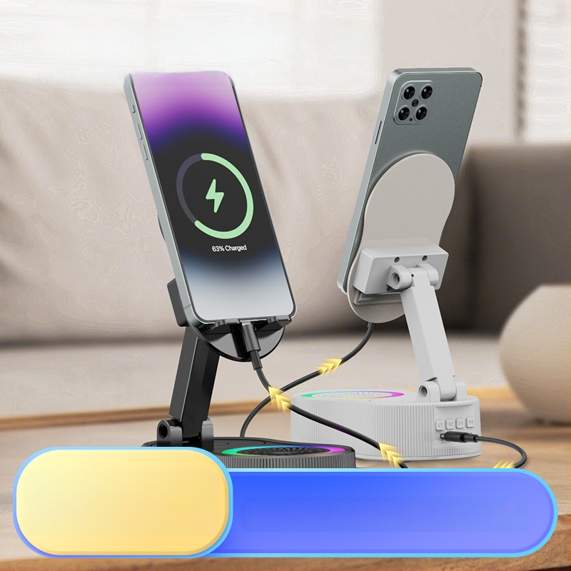 Tālruņa turētājs ar iebūvētu akumulatoru un bezvadu Bluetooth skaļruņu sistēmu — Bluetooth 5.3, akumulatora jauda 1200–2000 mAh, jauda 5W, frekvenču diapazons 100 Hz–20 kHz, darbības attālums 10 m