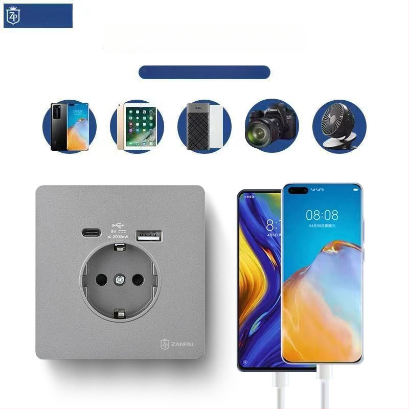 Zan Brand Eiropas standarta sienas kontaktligzda USB Type-C 2A, 16A, sienas montāža, CE sertifikāts
