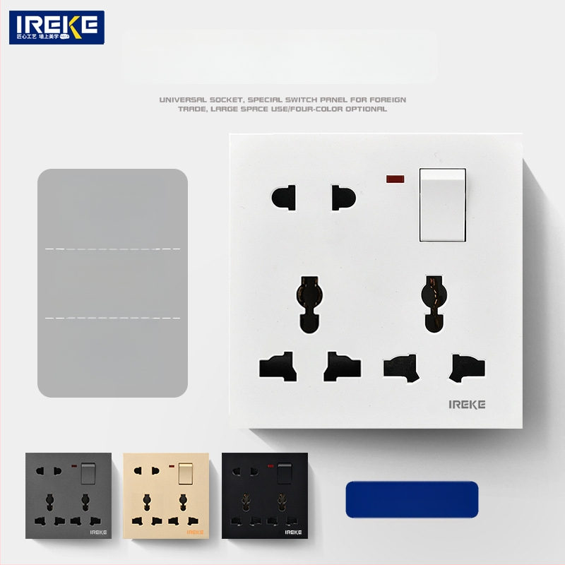 IREKE 86. tipa slēgta sienas universālā kontaktligzda ar slēdzi, astoņas atveres, 13A, AC250V, tin-fosforbronzas kontakti, CE sertificēta