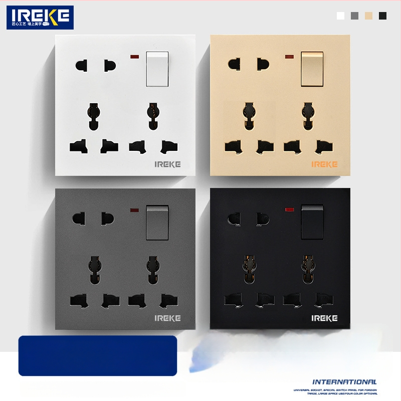 IREKE 86. tipa slēgta sienas universālā kontaktligzda ar slēdzi, astoņas atveres, 13A, AC250V, tin-fosforbronzas kontakti, CE sertificēta