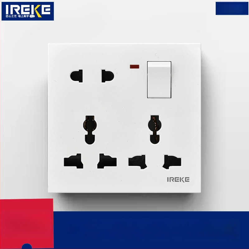 IREKE 86. tipa slēgta sienas universālā kontaktligzda ar slēdzi, astoņas atveres, 13A, AC250V, tin-fosforbronzas kontakti, CE sertificēta