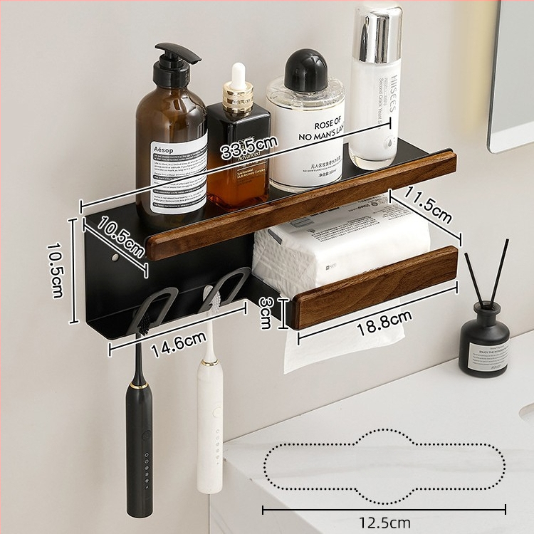 Dantų šepetėlių laikiklis, sieninis montavimas be gręžimo, Space aliuminis + kietas medis, su burnos skalavimo puodelio laikikliu ir popierinių rankšluosčių laikikliu, prekė Darxinee