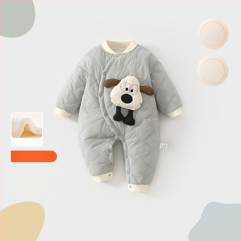 Kūdikių šliaužimo bodis – stora nailoninė išorė, medvilninė įdėklas, ilgos rankovės, diagoninis priekinis užsegimas sagomis, žiemai ir rudeniui, vienos lyties, naujagimiams 0–12 mėnesių