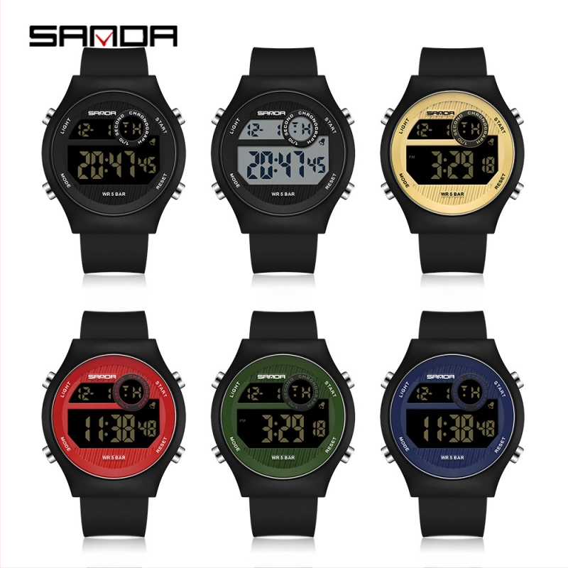 Sanda elektroniska rokas pulkstenis – universāls, daudzfunkcionāls sporta stils, luminējošs, ūdensdrošs līdz 50 m, elektroniskais mehānisms, kustība no Japānas, korpuss ABS, silikona siksna