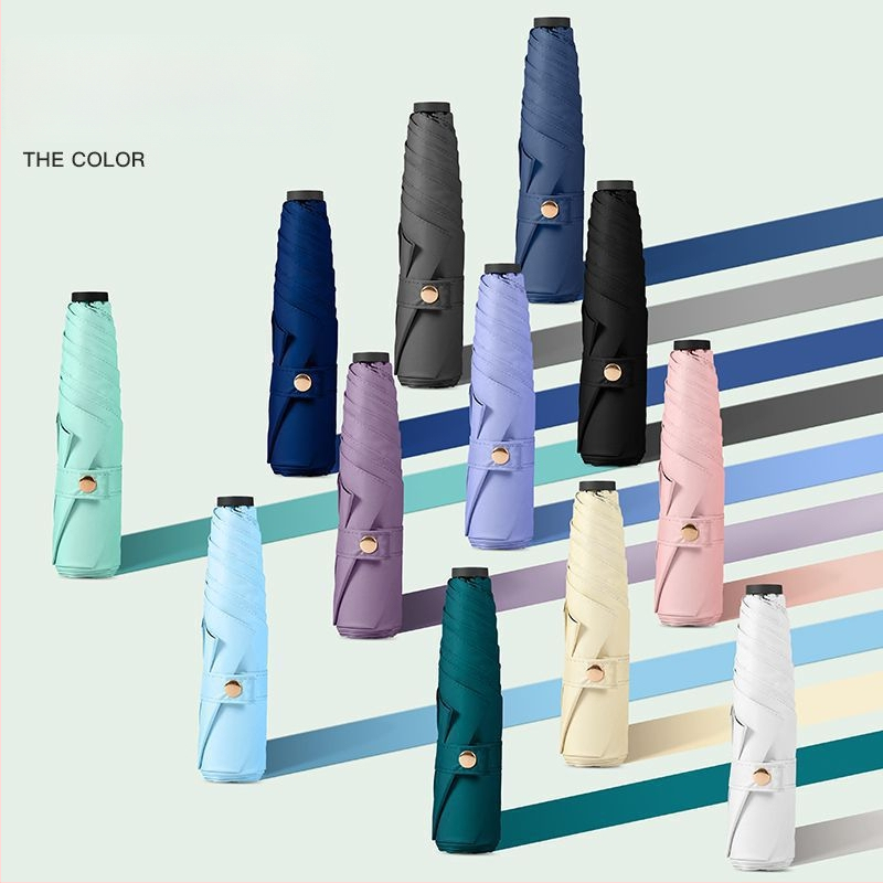 Labai lengvas trijų dalių sulankstomas skėtis su 190T audiniu, 6 pluošto briaunos, aliumininis stulpas, plastikinė rankena, rankinis atidarymas uždarymas, logotipo pritaikymas