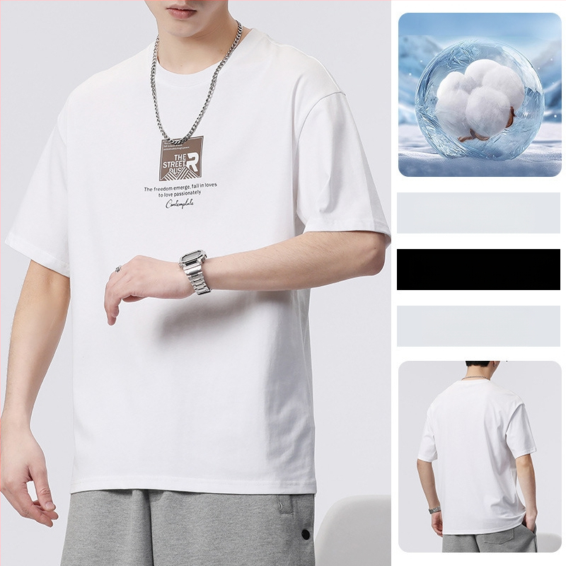 Meeste lühikeste varrukatega T-särk Korea stiilis, ümmargune kaelus, tähtedega trükk, Milk Silk polüester 81–90%, suvi, vaba lõige