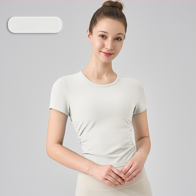 NS rib jogos topas, superelastinga medžiaga, 80% nailonas, 20% spandekso, trumpomis rankovėmis, ilgis iki pilvo