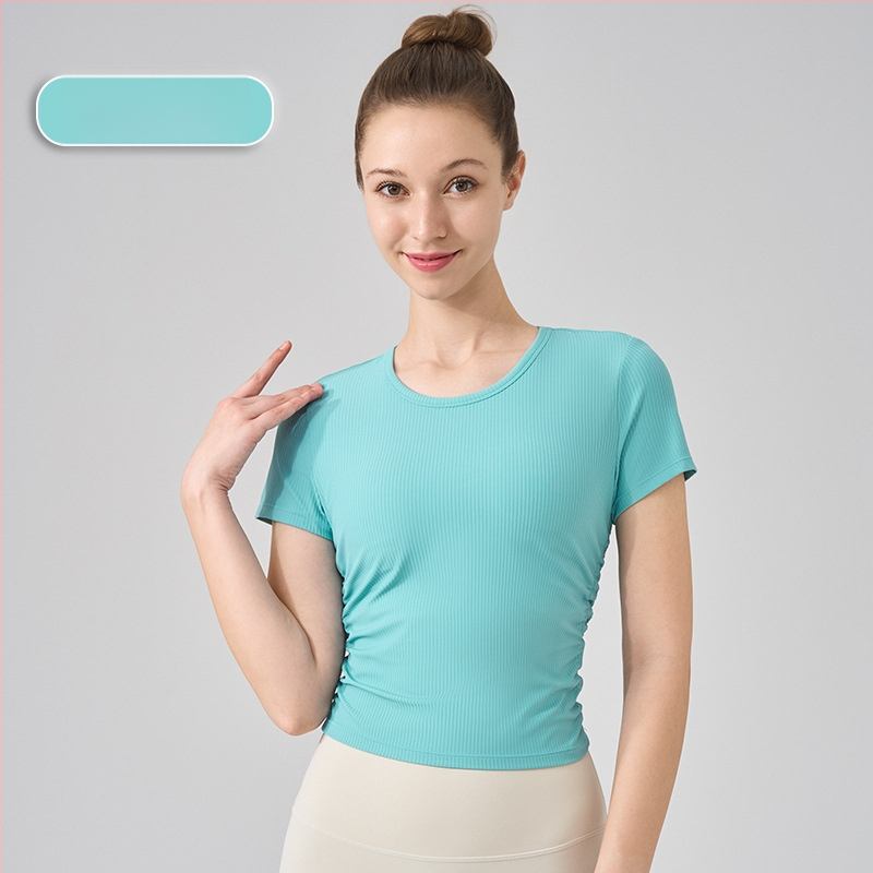 NS rib jogos topas, superelastinga medžiaga, 80% nailonas, 20% spandekso, trumpomis rankovėmis, ilgis iki pilvo