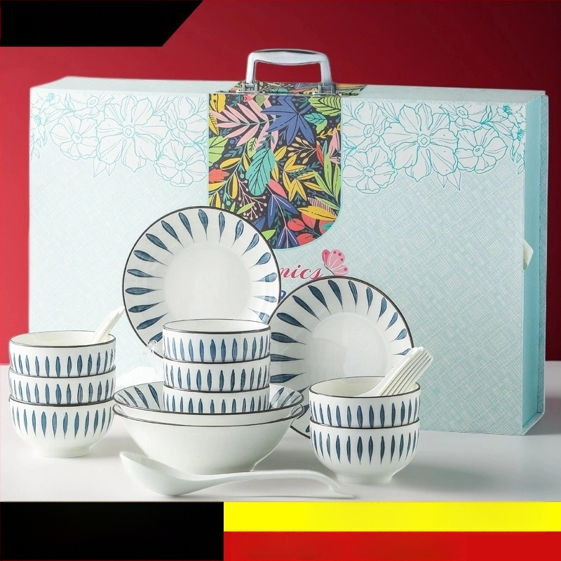 Sada riadu: misky a taniere, porcelán, podglazúrna plocha, prúžkovaný vzor, potlač loga