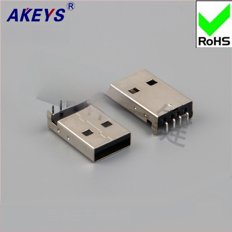 USB 2.0 Type-A vīriešu savienotājs, 90° taisnā leņķī, PCB montāža, AMUSB-109