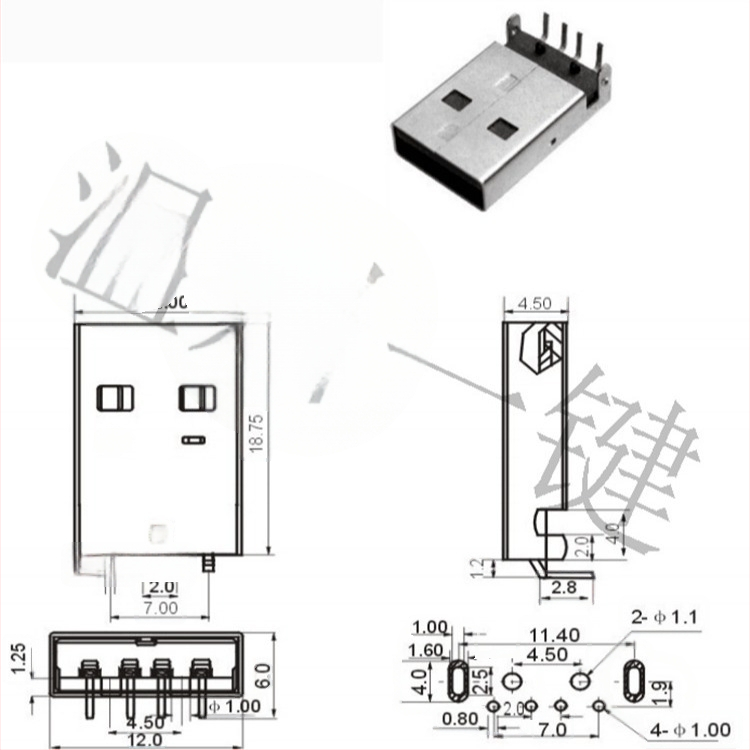 USB 2.0 Type-A vīriešu savienotājs, 90° taisnā leņķī, PCB montāža, AMUSB-109