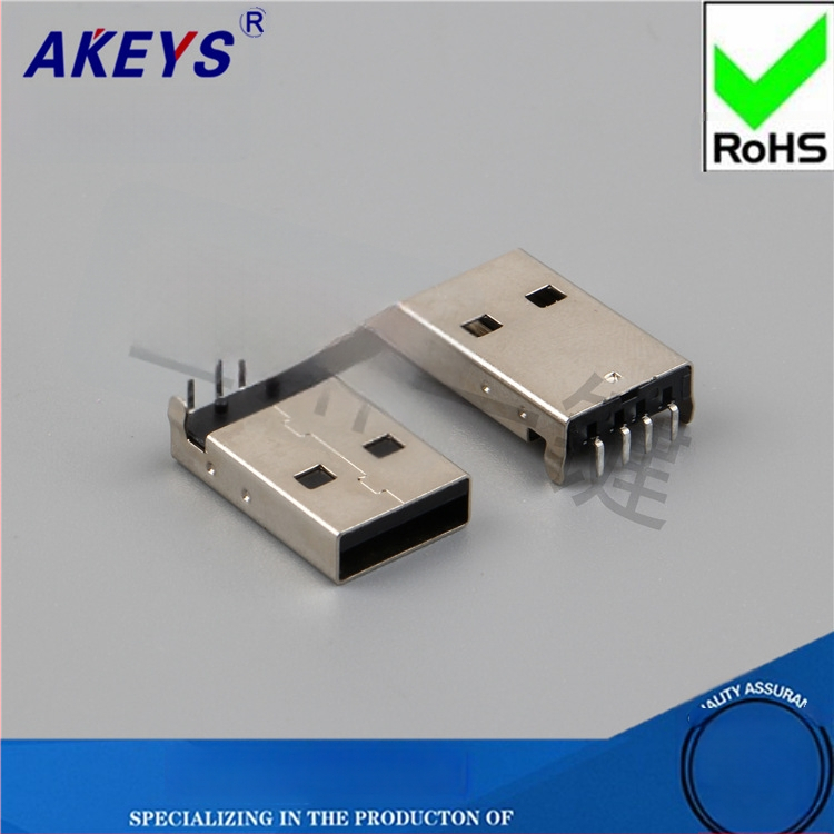 USB 2.0 Type-A vīriešu savienotājs, 90° taisnā leņķī, PCB montāža, AMUSB-109