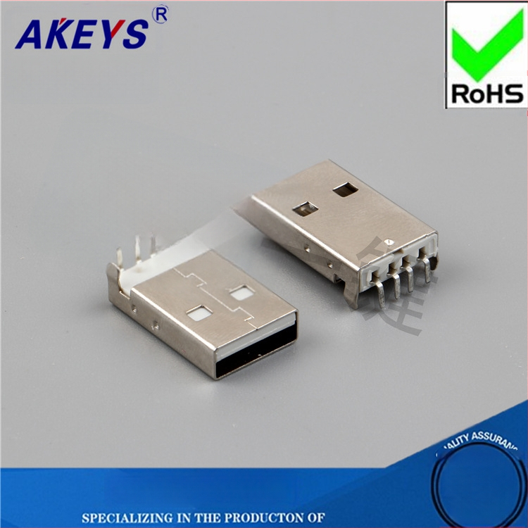 USB 2.0 Type-A vīriešu savienotājs, 90° taisnā leņķī, PCB montāža, AMUSB-109