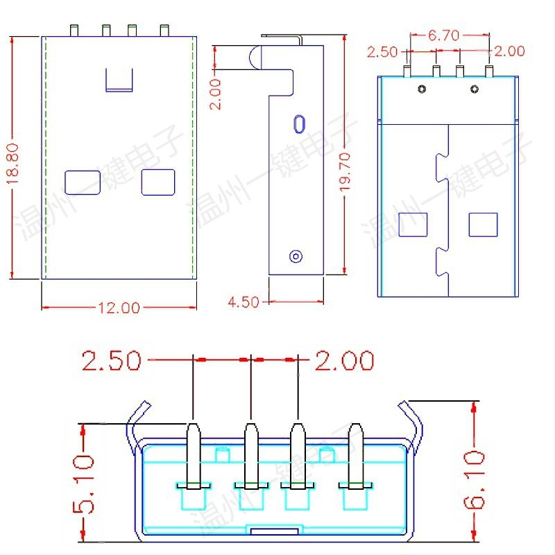 USB 2.0 Type-A vīriešu savienotājs, 90° taisnā leņķī, PCB montāža, AMUSB-109