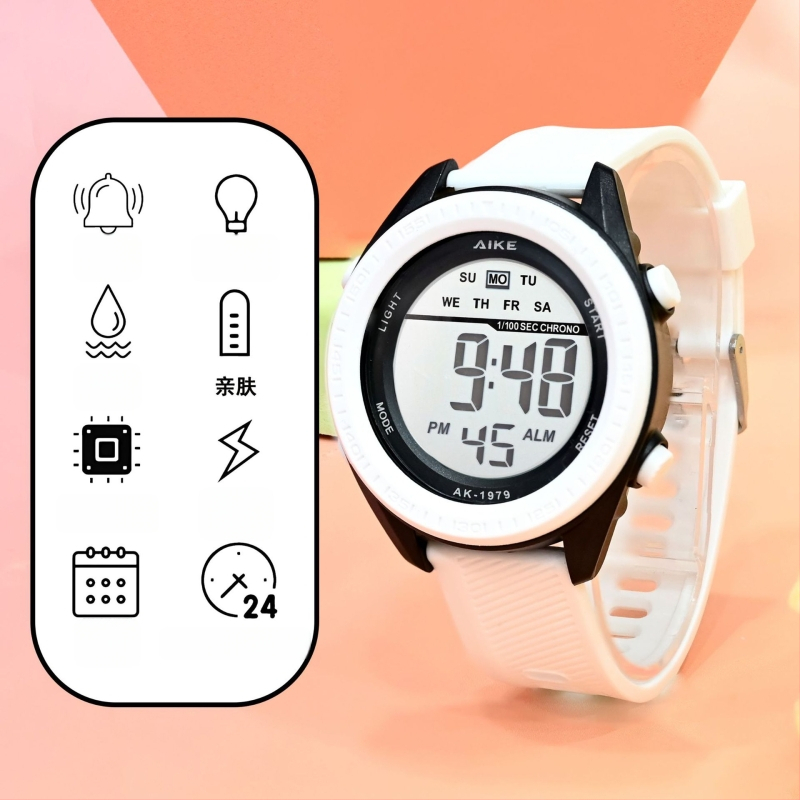 Unisex elektroninis laikrodis su skaitmeniniu ekranu, atsparus vandeniui iki 30M, 45 mm ciferniko skersmuo, TPU dirželis, ABS korpusas, studentams