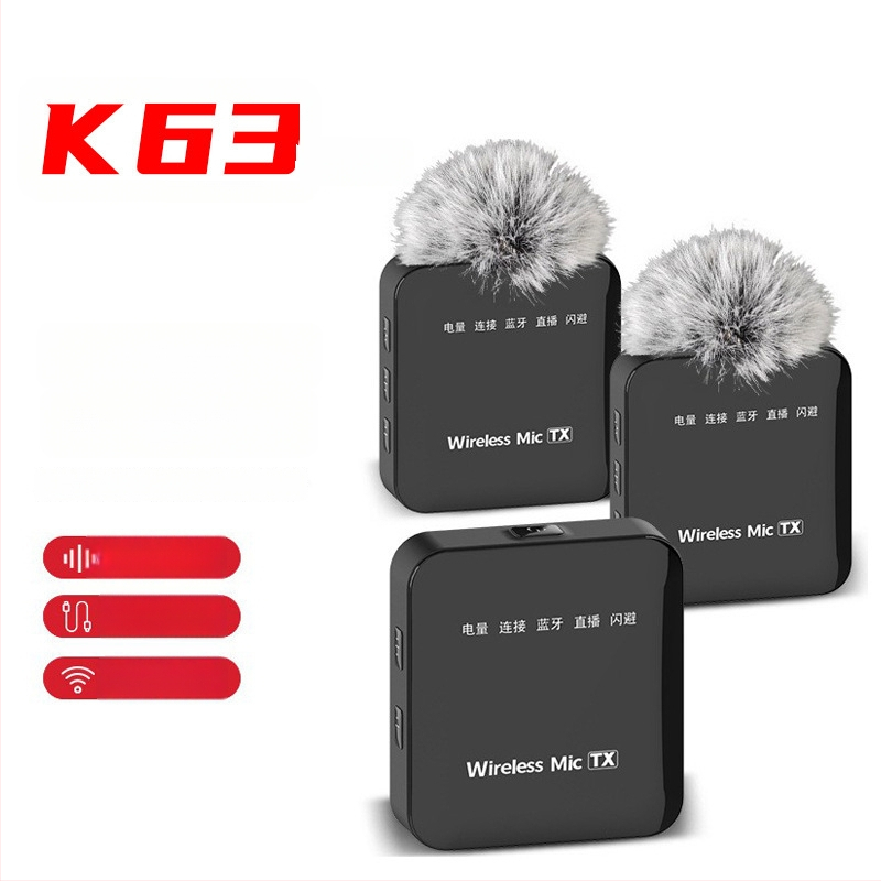 K63 bezvadu lavalier mikrofons, Bluetooth 5.2, frekvenču diapazons 20 Hz–20 kHz, SNR ≥75 dB, kanāls 2.1, darbības laiks 8–12 h