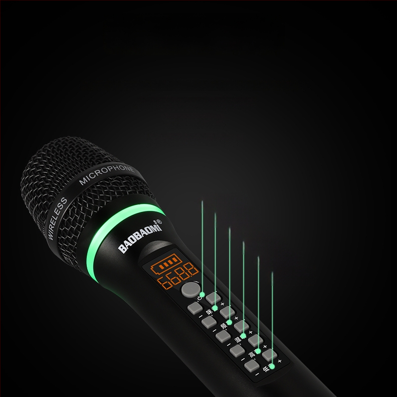 Bezvadu mikrofons ar reverberāciju un regulējamu augstu un zemā basu skaņai mājas un KTV lietošanai, Bluetooth 4.0, iekšējā akumulatora jauda 800–1000 mAh, frekvenču diapazons 100 Hz–20 kHz, SNR ≥100 dB, darbības laiks 6–8 stundas