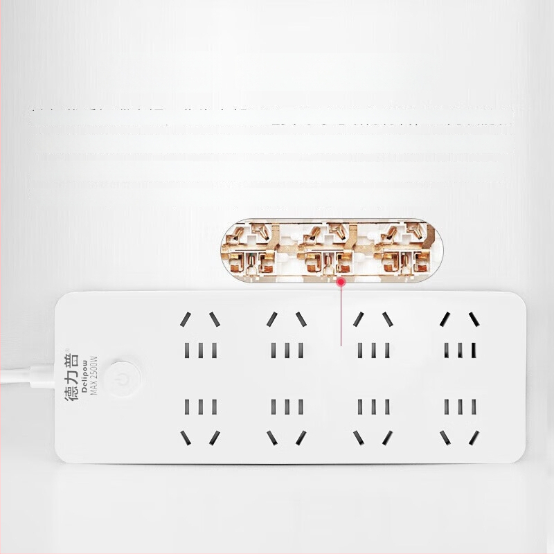 Delipu 8 lizdų kištukinė su laidu, namų ir biuro naudojimui – 220-250V, 2500W, varinis laidininkas, PP korpusas