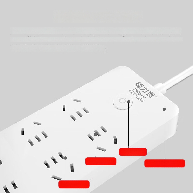 Delipu 8 lizdų kištukinė su laidu, namų ir biuro naudojimui – 220-250V, 2500W, varinis laidininkas, PP korpusas