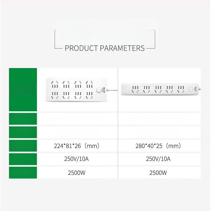 Delipu 8 lizdų kištukinė su laidu, namų ir biuro naudojimui – 220-250V, 2500W, varinis laidininkas, PP korpusas