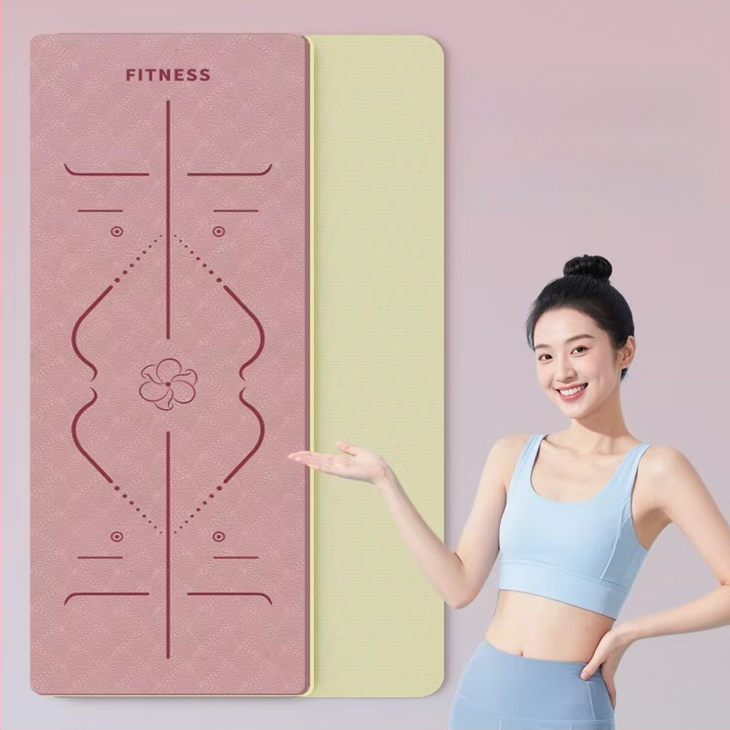 TPE jooga matt – kokkupandav, eriti lai, eriti paks, libisemisvastane, löögisummutav, vaikne; Materjal: TPE; Paksus: 6 mm; Kaal: 490 g; Mustrid: Positsioonijooned