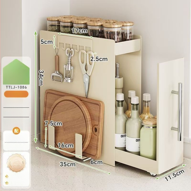 Traukiama prieskonių lentyna virtuvėje, siaura kraštinė, anglies plienas, prieskonių butelių organizatorius, ant stalviršio, minimalistinis stilius