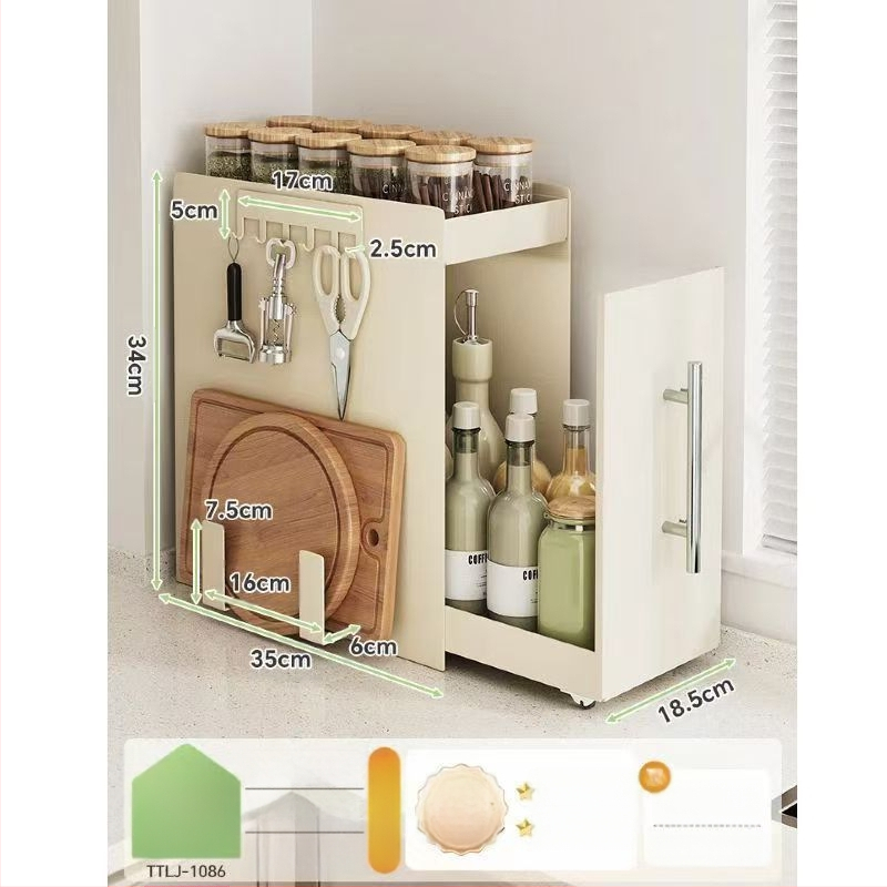 Traukiama prieskonių lentyna virtuvėje, siaura kraštinė, anglies plienas, prieskonių butelių organizatorius, ant stalviršio, minimalistinis stilius