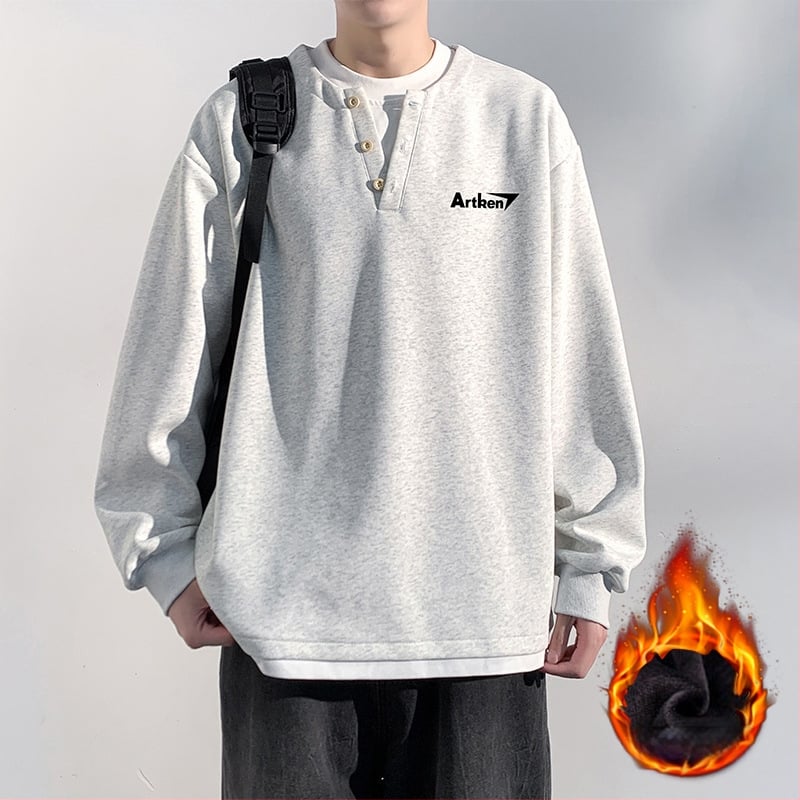 Seegave fleece bevonatú V-nyakú pulóver, laza fazon, hosszú ujjú, poliészter anyag, férfiaknak