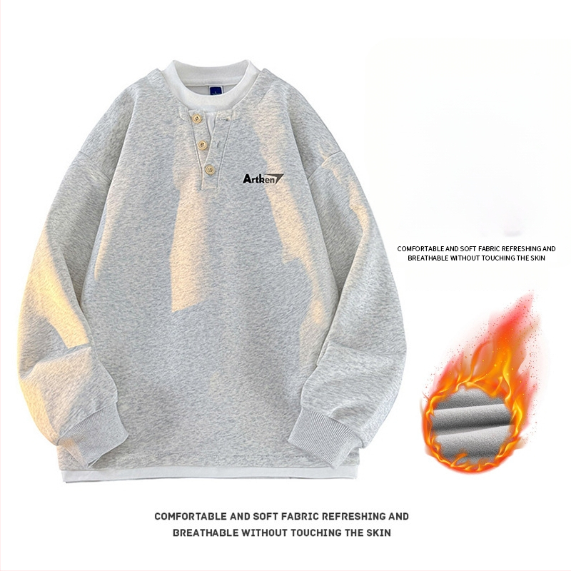 Seegave fleece bevonatú V-nyakú pulóver, laza fazon, hosszú ujjú, poliészter anyag, férfiaknak