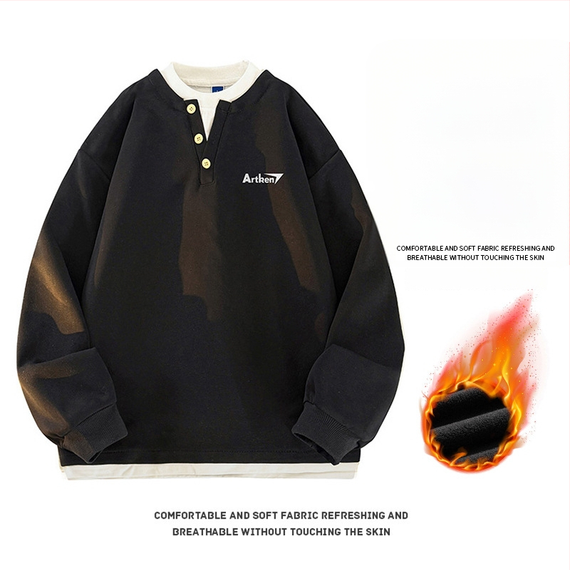 Seegave fleece bevonatú V-nyakú pulóver, laza fazon, hosszú ujjú, poliészter anyag, férfiaknak