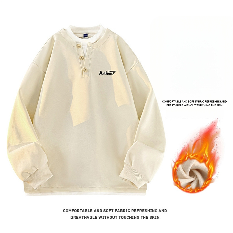 Seegave fleece bevonatú V-nyakú pulóver, laza fazon, hosszú ujjú, poliészter anyag, férfiaknak