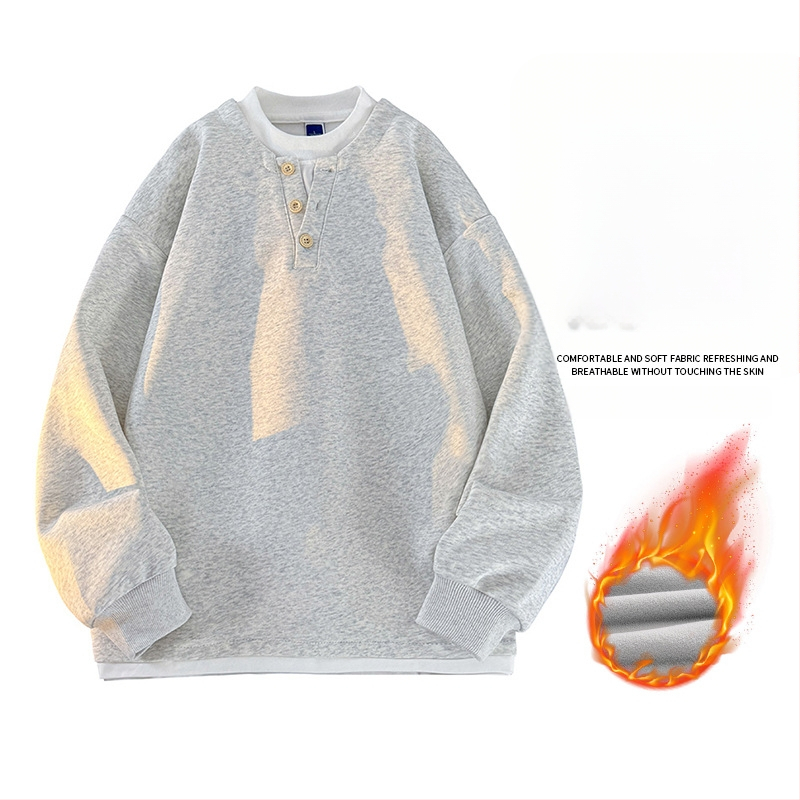 Seegave fleece bevonatú V-nyakú pulóver, laza fazon, hosszú ujjú, poliészter anyag, férfiaknak