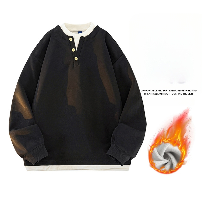 Seegave fleece bevonatú V-nyakú pulóver, laza fazon, hosszú ujjú, poliészter anyag, férfiaknak