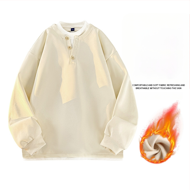 Seegave fleece bevonatú V-nyakú pulóver, laza fazon, hosszú ujjú, poliészter anyag, férfiaknak