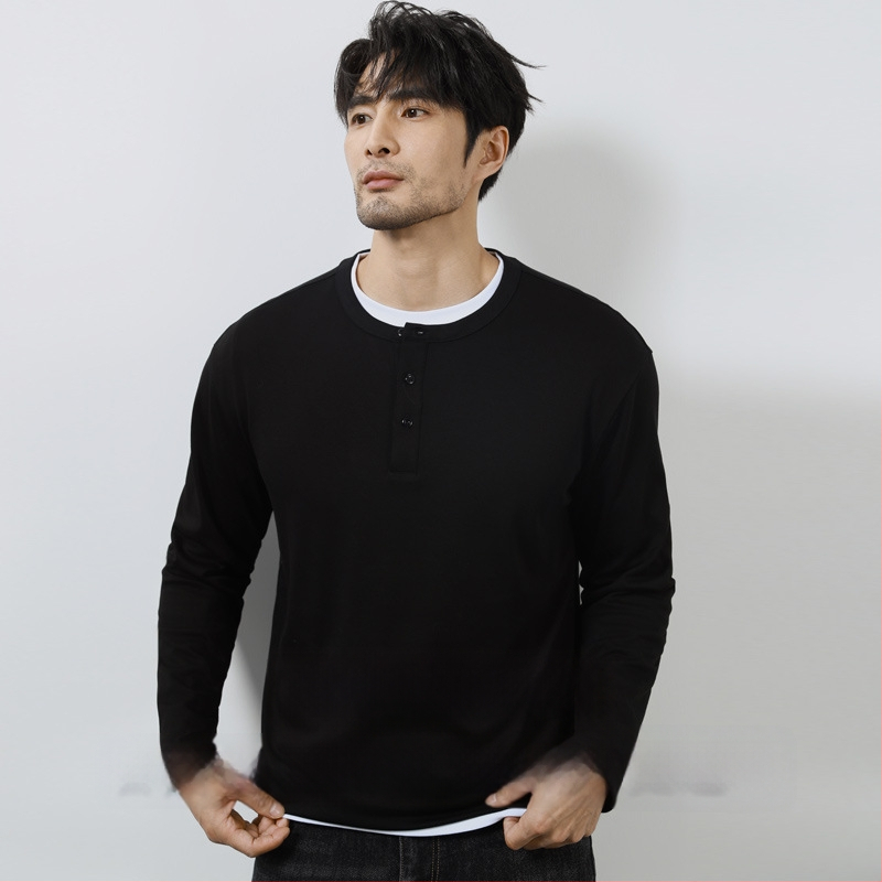 Férfi kereknyakú hosszú ujjú pamutkeverék póló, testhezálló szabású, ősz, casual