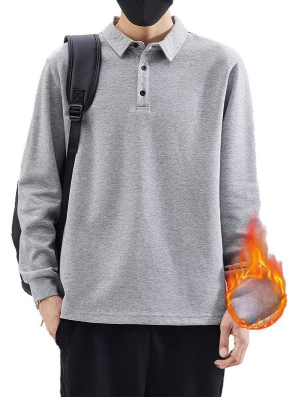 Meeste polo pikkade varrukatega fleece sisemine soojus, vaba lõige, puuvilla-poliesteri segu, sobiv sügise-külma hooajaks